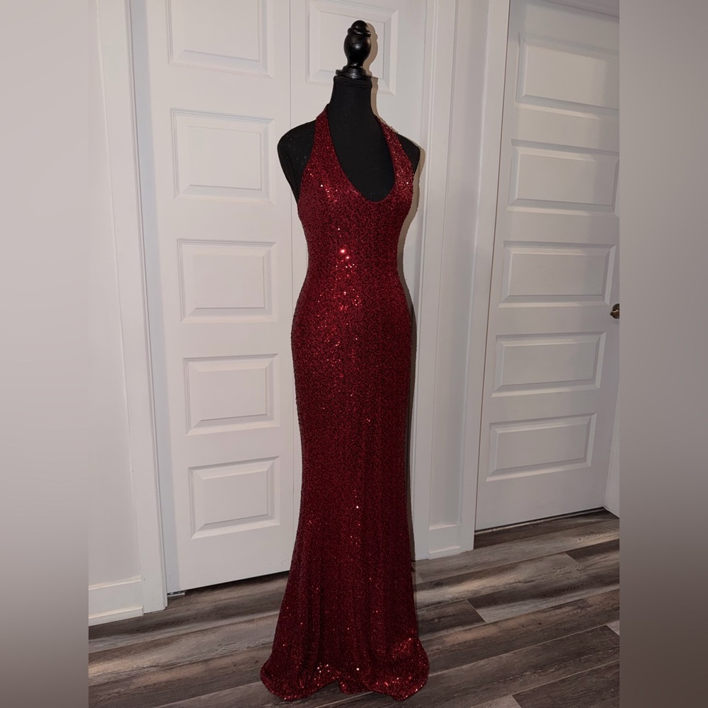 BabyBoo Fashion Elegant Burgundy Sequin Halter Dress - Picture 3 of 8